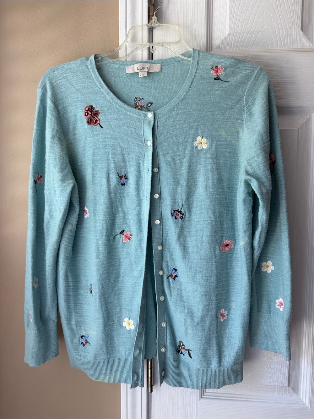 LOFT Light Teal Embroidered Floral Button-Front Cardigan